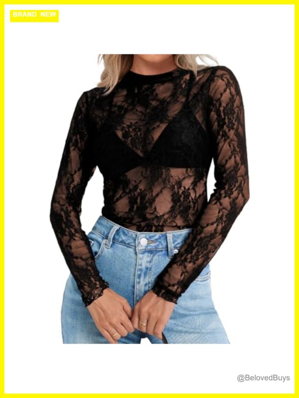 Womens Lace Mesh Long Sleeve Sheer Top Mock Neck Fitted Blouse